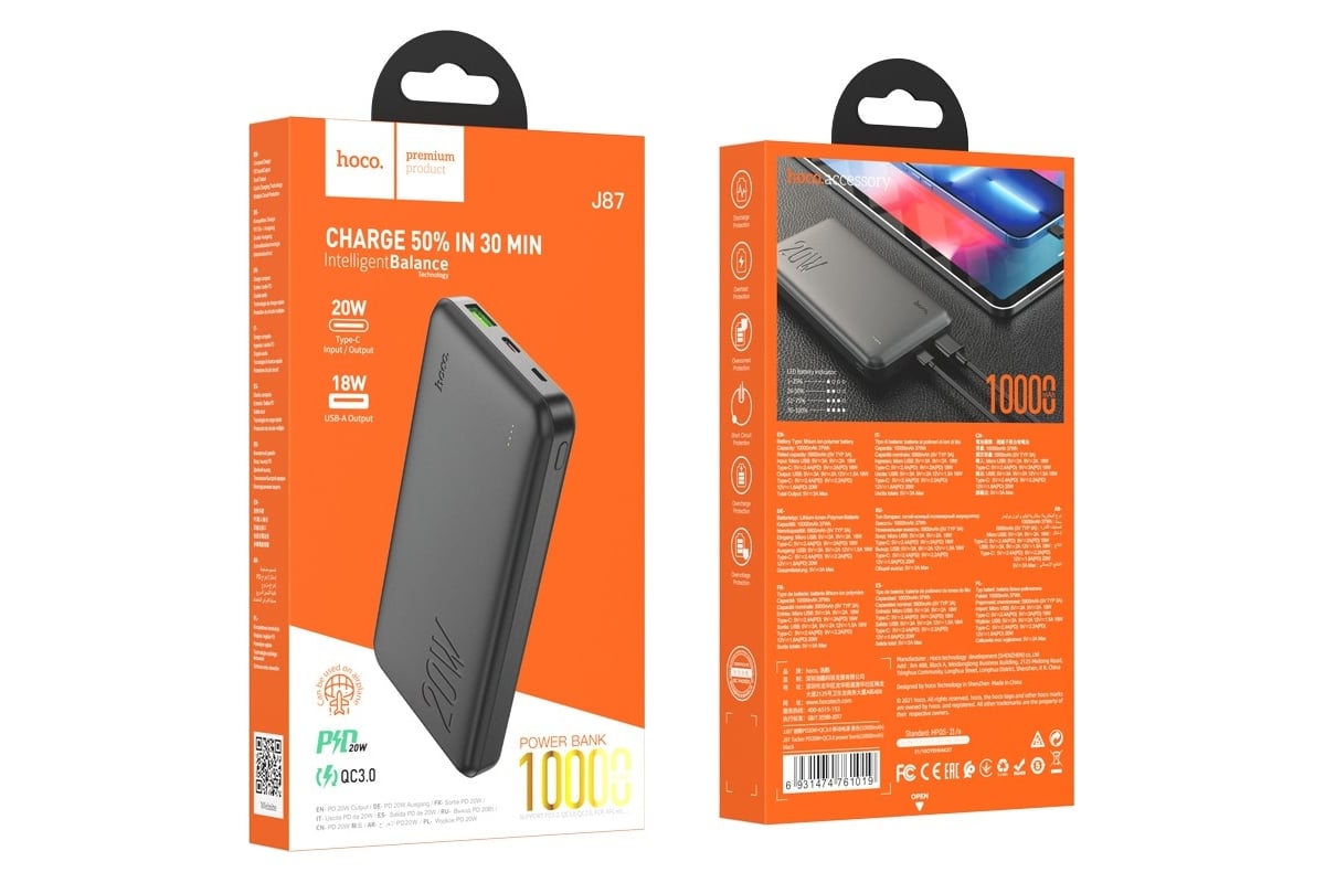 Внешний акб Hoco j87 tacker 10000mah, 1xusb, 1xusb-c, 3а, qc3.0, pd20w, led,  li-pol (черный) 0L-00054474 - выгодная цена, отзывы, характеристики, фото -  купить в Москве и РФ