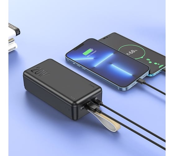 Внешний акб Hoco j87b tacker 30000mah, 1xusb, 1xusb-c, 1xmicrousb, 3а, pd20w, qc3.0, led, li-pol (черный) 0L-00057078