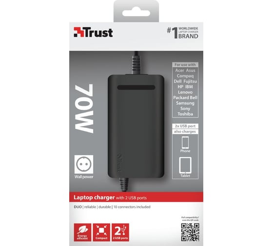 Универсальный блок питания Trust DUO 70Вт 2хUSB д/ноутбуков 20877