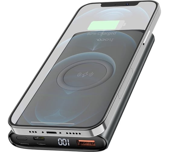 Внешний акб Hoco с бзу q6 aegis 10000mah, 1xusb, 2xusb-c, 3а, qc3.0, pd18w, qi10w, led, li-pol темно-серый 0L-00053128