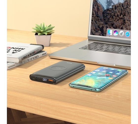Внешний акб Hoco с бзу q6 aegis 10000mah, 1xusb, 2xusb-c, 3а, qc3.0, pd18w, qi10w, led, li-pol темно-серый 0L-00053128