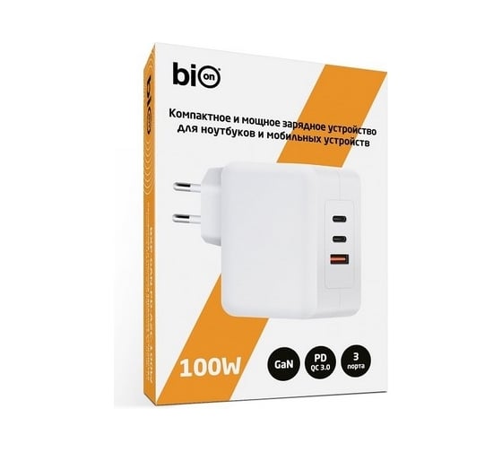 Сетевое зарядное устройство Bion gan, usb-a + 2usb-c, powerdelivery, 100 вт, белый BXP-GAN-PD-A2C-100W
