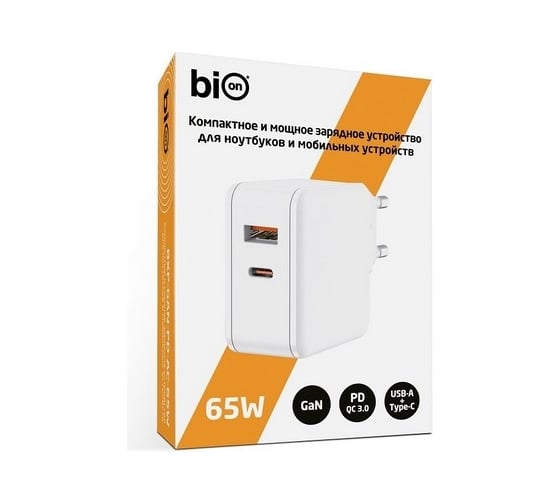 Сетевое зарядное устройство Bion gan, usb-a + usb-c, powerdelivery, 65 вт, белый BXP-GAN-PD-AC-65W