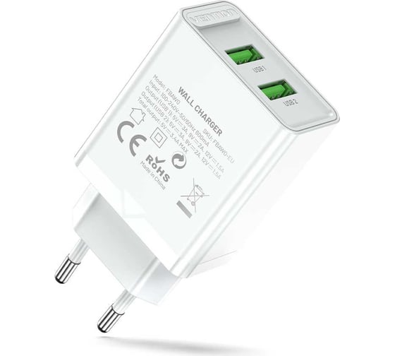 Сетевое зарядное устройство VENTION на 2 порта USB (A+A) QC 3.0 Белый, шт. FBAW0-EU