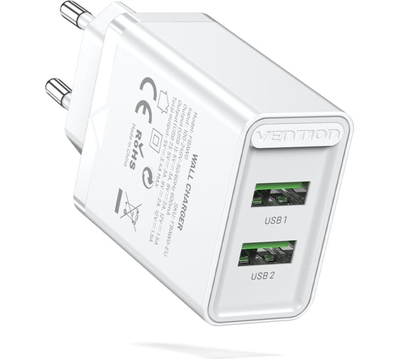 Сетевое зарядное устройство VENTION на 2 порта USB (A+A) QC 3.0 Белый, шт. FBAW0-EU