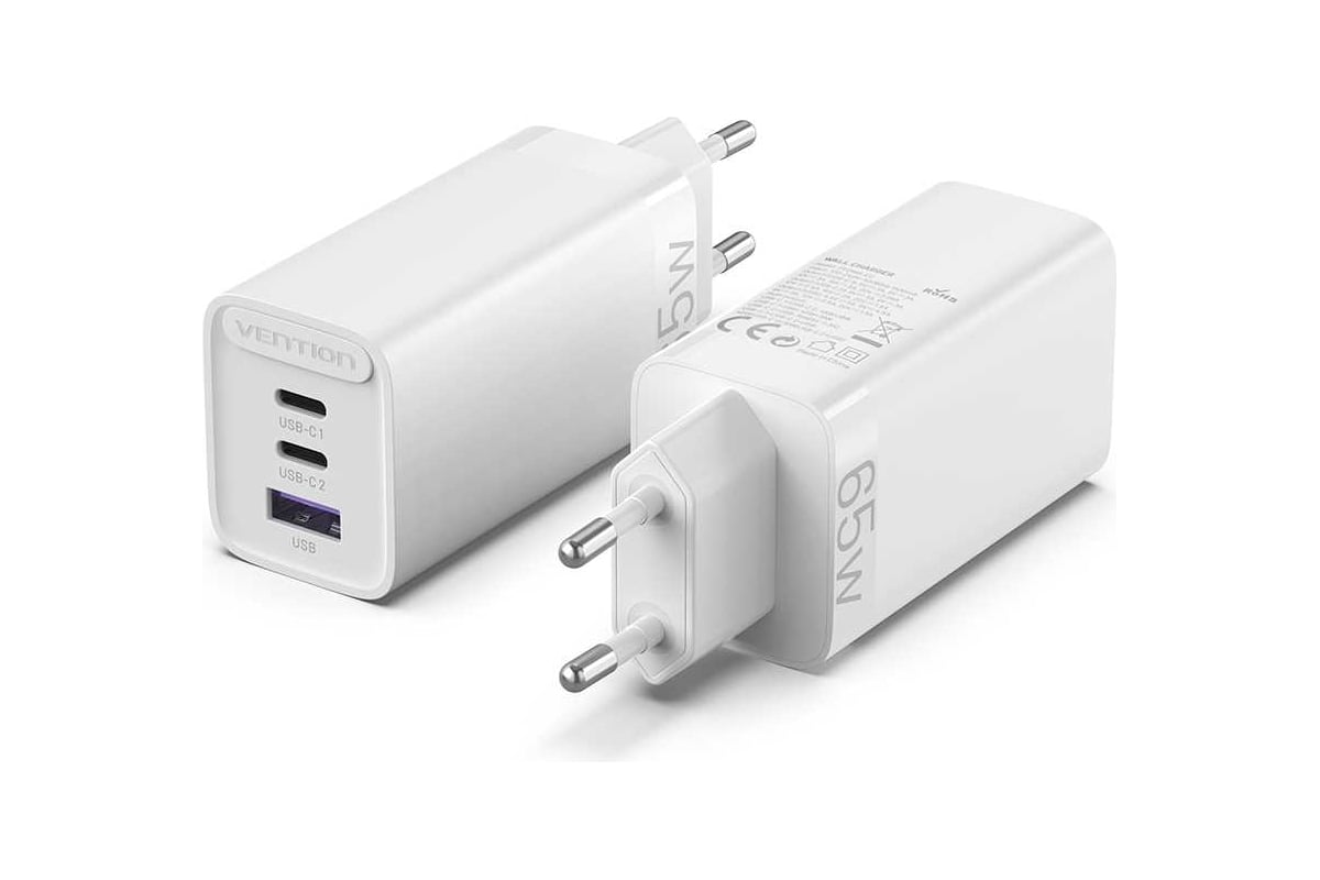 Сетевое зарядное устройство VENTION на 3 порта 65W USB (C+C+A) 2.4A Белый,  шт. FEDW0-EU - выгодная цена, отзывы, характеристики, фото - купить в  Москве и РФ