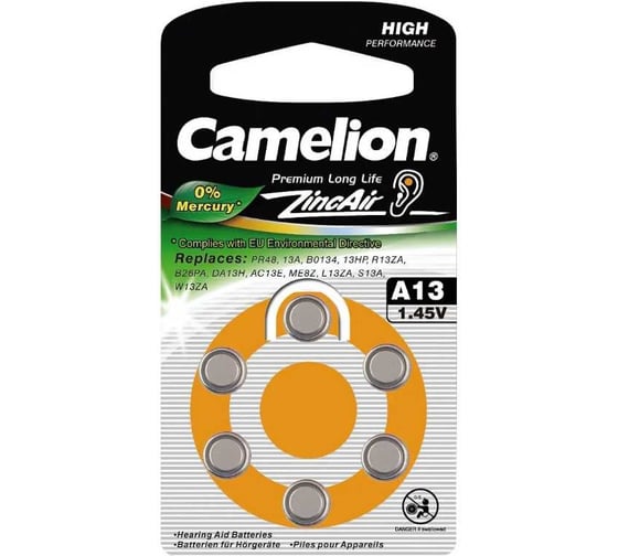 Батарейка для слуховых аппаратов Camelion ZA13 BL-6 Mercury Free A13-BP6 0%Hg, 1.4V, 280mAh 12824