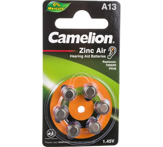 Батарейка для слуховых аппаратов Camelion ZA13 BL-6 Mercury Free A13-BP6 0%Hg, 1.4V, 280mAh 12824 1