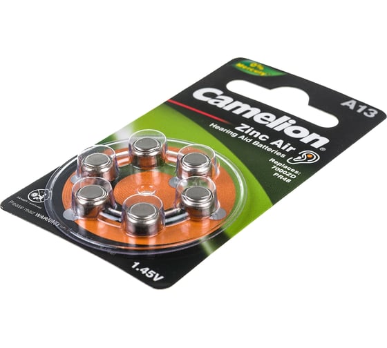 Батарейка для слуховых аппаратов Camelion ZA13 BL-6 Mercury Free A13-BP6 0%Hg, 1.4V, 280mAh 12824