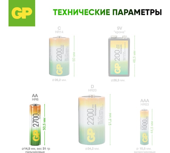 Перезаряжаемые аккумуляторы GP 270AAHC, емкость 2700 мАч - 6шт. 270AAHC4/2-2CR6 15920386