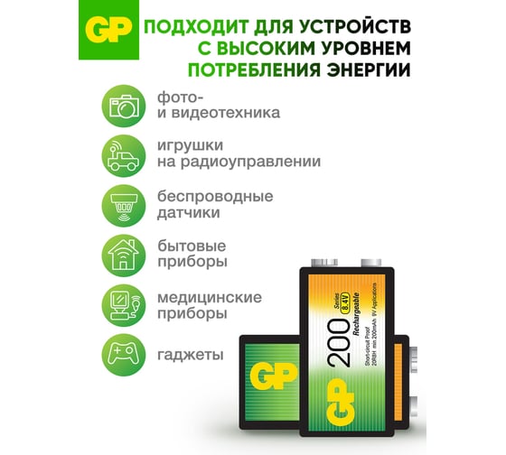 Перезаряжаемые аккумуляторы GP 20R8H 9V Крона 1 шт. в блистере. 20R8H-2CRU1 20R8H-2CRU1 15920400