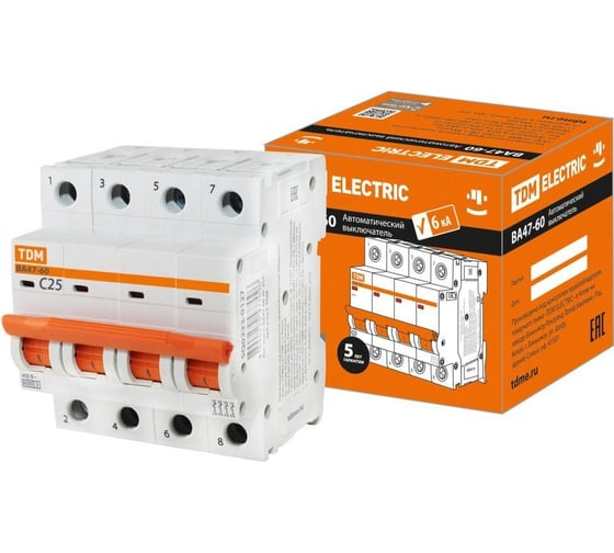 Автоматический выключатель TDM ELECTRIC ВА47-60 4Р 6А 6кА, С SQ0223-0121