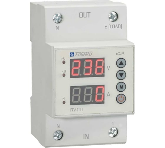 Проходное реле напряжения и тока Engard с индикацией rv-1iu 1р+n 25a ас 230 в RV-1IU20-25 1