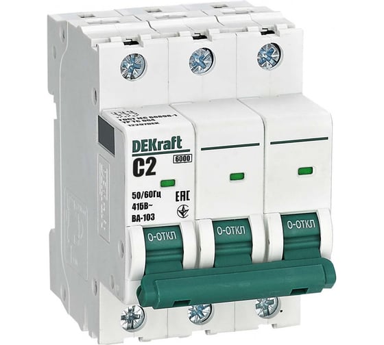 Автоматический выключатель (АВ) DEKraft ВА-103, 3 Р, 2 А, хар-ка C, 6 кА 12297DEK 1