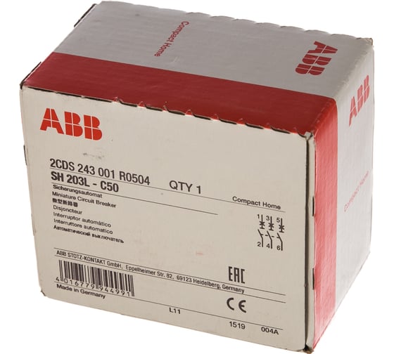 Автоматический выключатель ABB трехполюсный 50А С SH203L 4.5кА 2CDS243001R0504