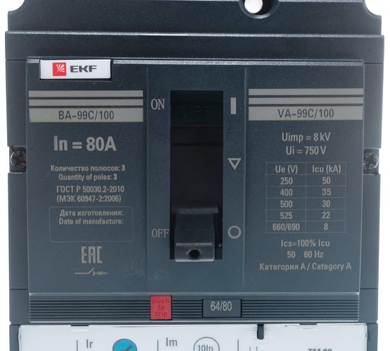 Автоматический трехполюсный выключатель EKF ВА-99C 100/80А 36кА mccb99C-100-80