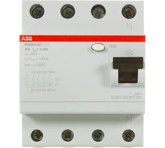 Выключатель дифференциального тока ABB УЗО 4п 25А 30мА FH204 АС 2CSF204004R1250