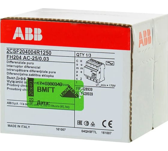 Выключатель дифференциального тока ABB УЗО 4п 25А 30мА FH204 АС 2CSF204004R1250