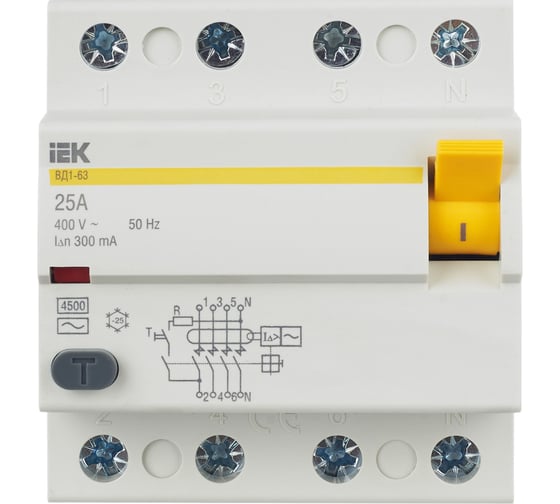 Выключатель дифференциального тока IEK 4п 25A 300mA тип AC ВД1-63 ИЭК MDV10-4-025-300