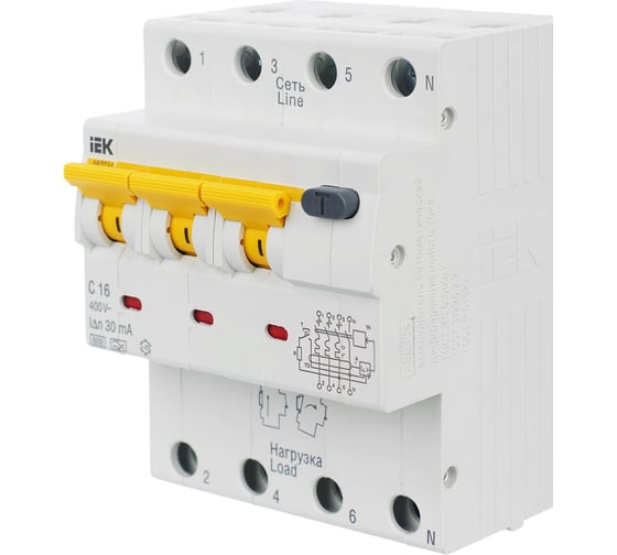 Автоматический дифференциальный выключатель тока IEK 3п+N 2мод. C 16A 30mA тип A 6kA АВДТ-34 ИЭК MAD22-6-016-C-30