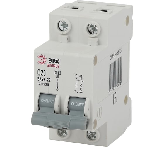 Автоматический выключатель ЭРА SIMPLE ВА 47-29 2P 20А C 4,5кА Б0039230