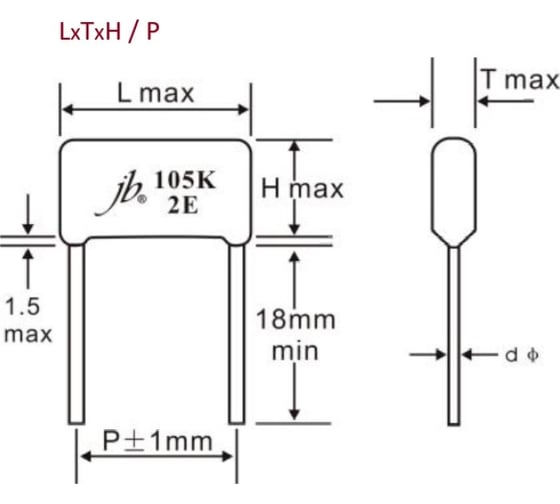 Металлопленочный конденсатор JB Capacitors К73-17 / CL21, 2.2мкФ, 250В, (22х10х16 / P:20 мм), (225K 2E), JFB02E225K200000B-125