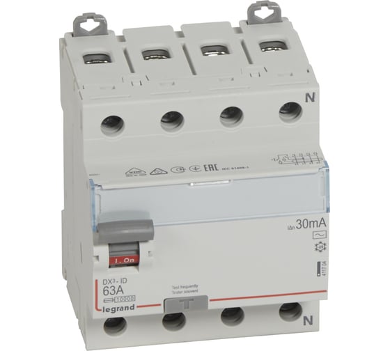 Выключатель дифференциального тока Legrand DX3 4П 63А AC 30мА N справ 411704