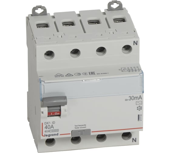 Выключатель дифференциального тока Legrand DX3 4П 40А AC 30мА N справ 411703