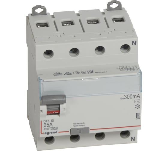 Выключатель дифференциального тока Legrand DX3 4П 25А AC 300мА N спр. 411722