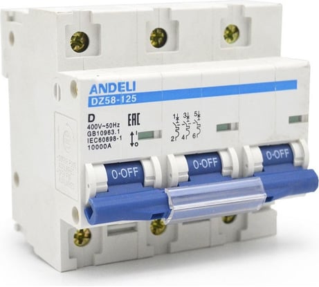 Автоматический выключатель ANDELI DZ58-125 3P 80A ПКС 10kA тип D 8-12In ADL01-640