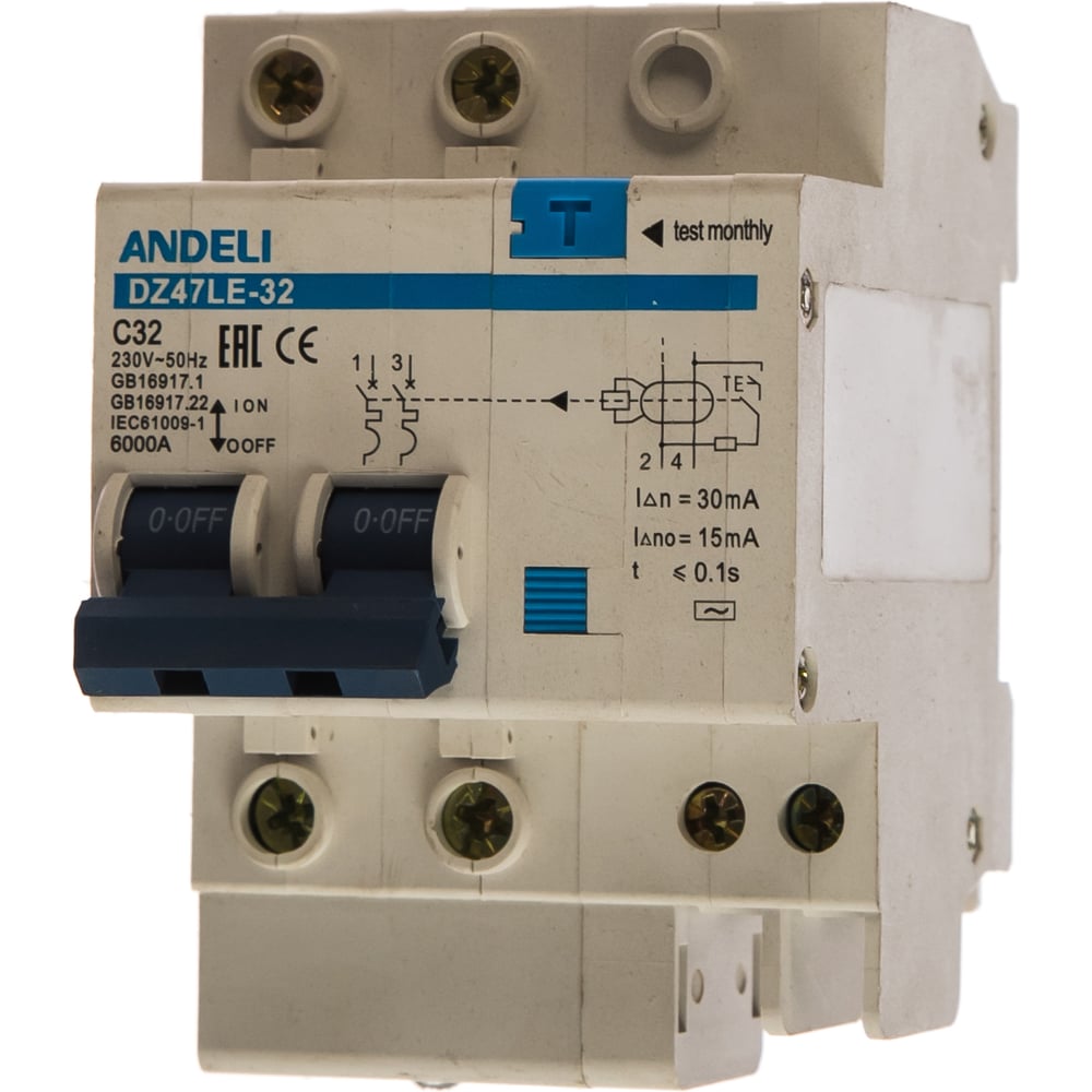 Дифференциальный автомат ANDELI DZ47LE-32 2P 32A 30mA тип AC х-ка С ...