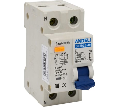 Дифференциальный автомат ANDELI DZ59LE-40 1P+N 16A 30mA х-ка С 4.5kA ADL02-052