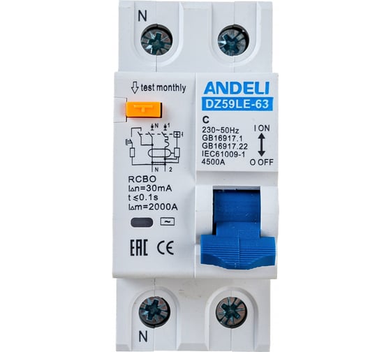 Дифференциальный автомат ANDELI DZ59LE-40 1P+N 40A 30mA х-ка С 4.5kA ADL02-056