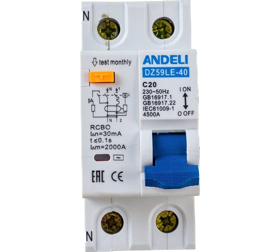 Дифференциальный автомат ANDELI DZ59LE-40 1P+N 20A 30mA х-ка С 4.5kA ADL02-053