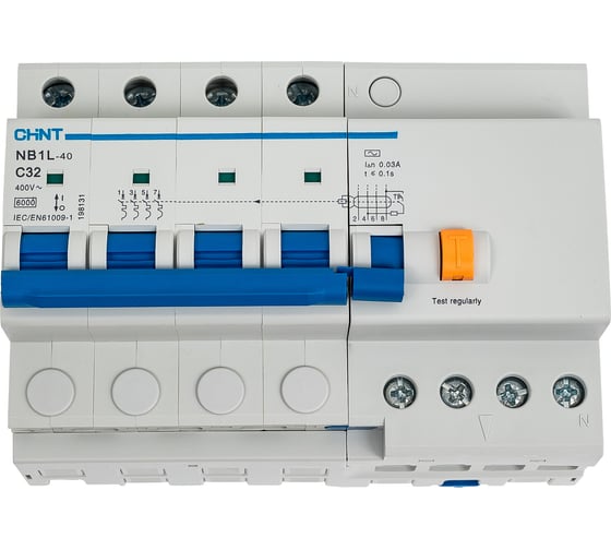 Автоматический выключатель CHINT дифференциального тока 4п C 32А 30мА тип AC 6кА NB1L-40 (R) 198131