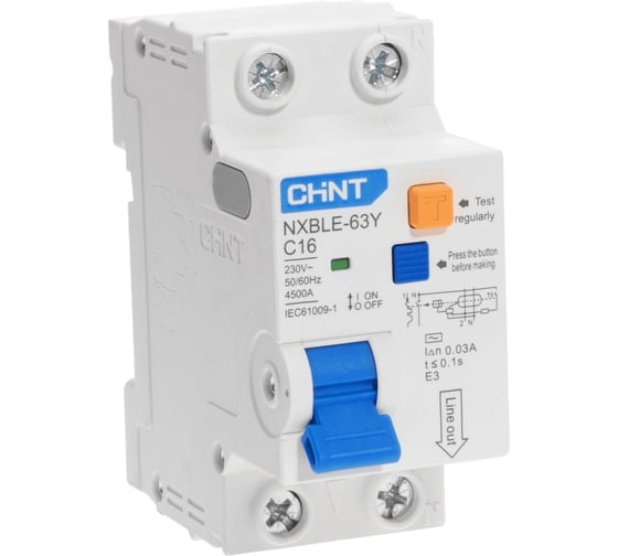 Автоматический выключатель CHINT дифференциального тока 1п+N C 16А 10мА электрон. тип AC 4.5кА NXBLE-63Y (R) 105524