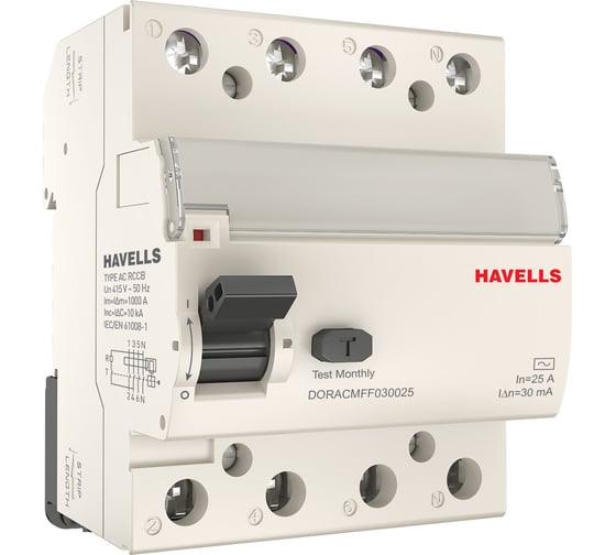 Устройство защитного отключения Havells 3P+N, In 25А, In 30 мА, Тип АС, 4М. 7701632