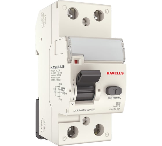 Устройство защитного отключения Havells 1P+N, In 25А, In 30 мА, Тип A, 2М. 7701637 1