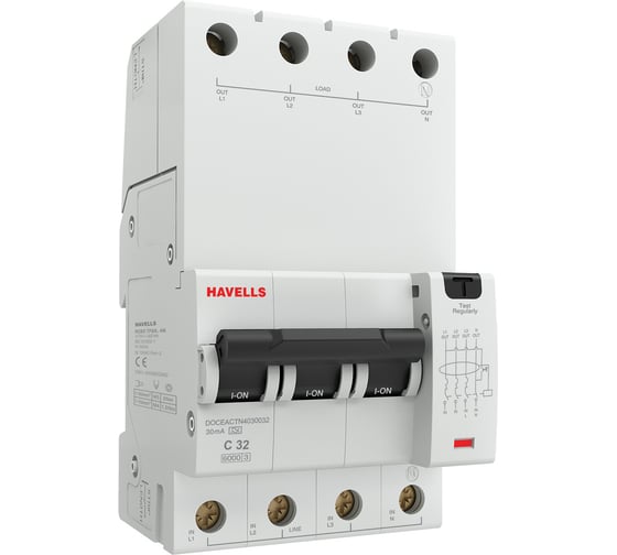Дифференциальный автоматический выключатель Havells 3P+N, 6kA, C-32A, 30 мА, Тип A, 4М. 7701647 1