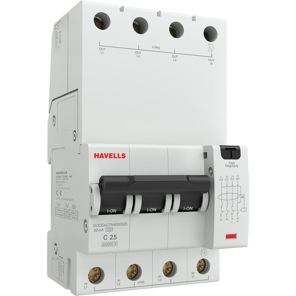 Дифференциальный автоматический выключатель Havells 3P+N, 6kA, C-25A ...