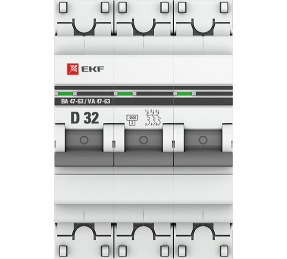 Автоматический выключатель EKF 3P 32А (D) 4,5kA ВА 47-63 PROxima mcb4763-3-32D-pro