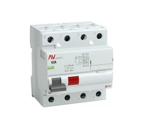 Устройство защитного отключения EKF DV, 4P, 63А/30мА, A, AVERES rccb-4-63-30-a-av