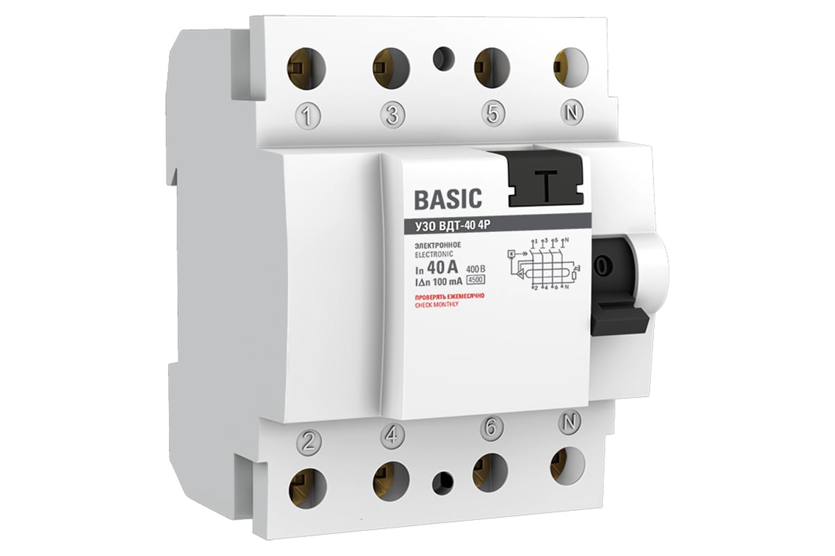 Устройство защитного отключения EKF УЗО, ВД-40, 4P, 40А/100мА, электронное,  Basic elcb-4-40-100e-sim - выгодная цена, отзывы, характеристики, фото -  купить в Москве и РФ