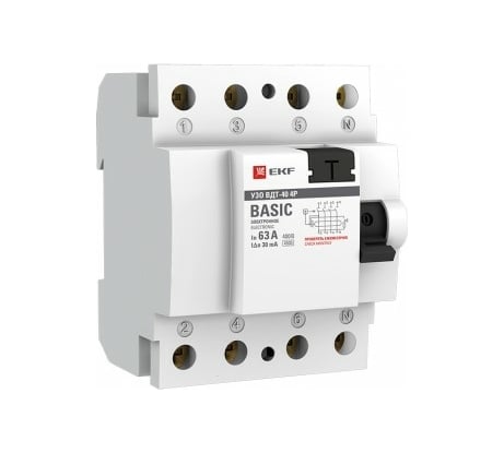 Устройство защитного отключения EKF ВДТ-40, 4P, 63А/30мА, электронное, Basic elcb-4-63-30e-sim