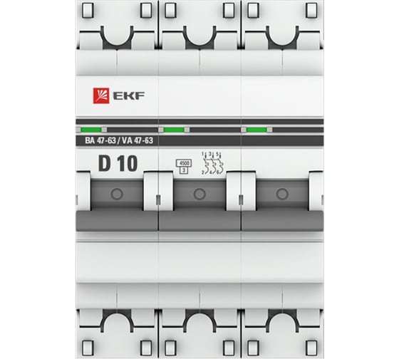 Автоматический выключатель EKF 3P 10А D 4,5kA ВА 47-63 PROxima mcb4763-3-10D-pro