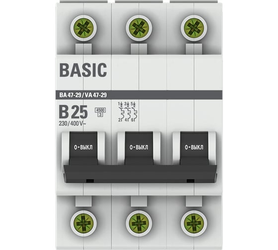 Автоматический выключатель EKF 3P 25А B 4,5кА ВА 47-29 Basic mcb4729-3-25-B
