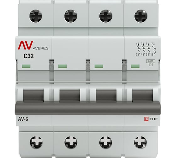 Автоматический выключатель EKF AVERES AV-6, 4P, 32A, C, 6kA mcb6-4-32C-av