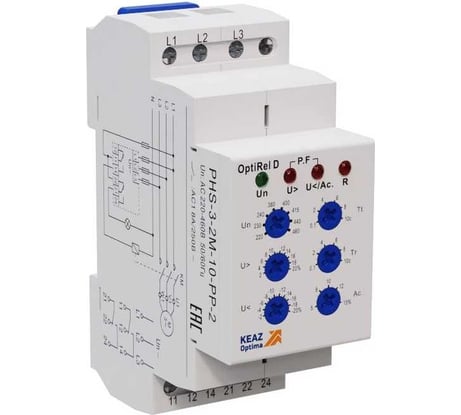 Реле контроля фаз КЭАЗ OptiRel D PHS-3-2M-10-PN-2 универсальное 3Ф+N 2СО 332002