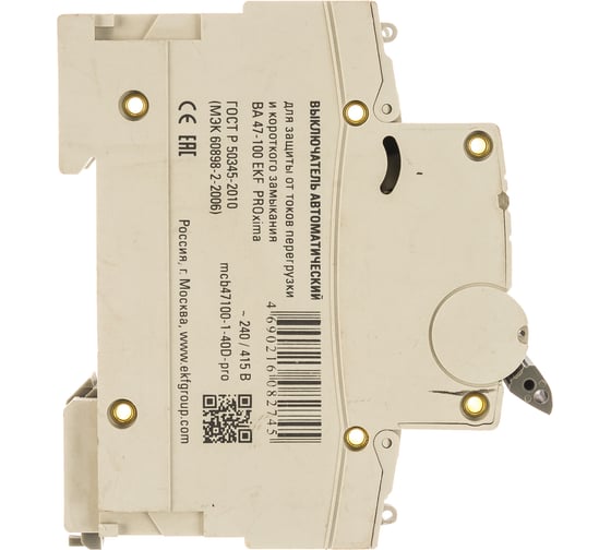 Автоматический выключатель EKF 1P, 40А, 10kA, ВА 47-100, PROxima mcb47100-1-40D-pro