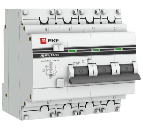 Дифференциальный автомат EKF PROxima АД-32 селективный, 3P+N, 63А/100мА DA32-63-100S-4P-pro